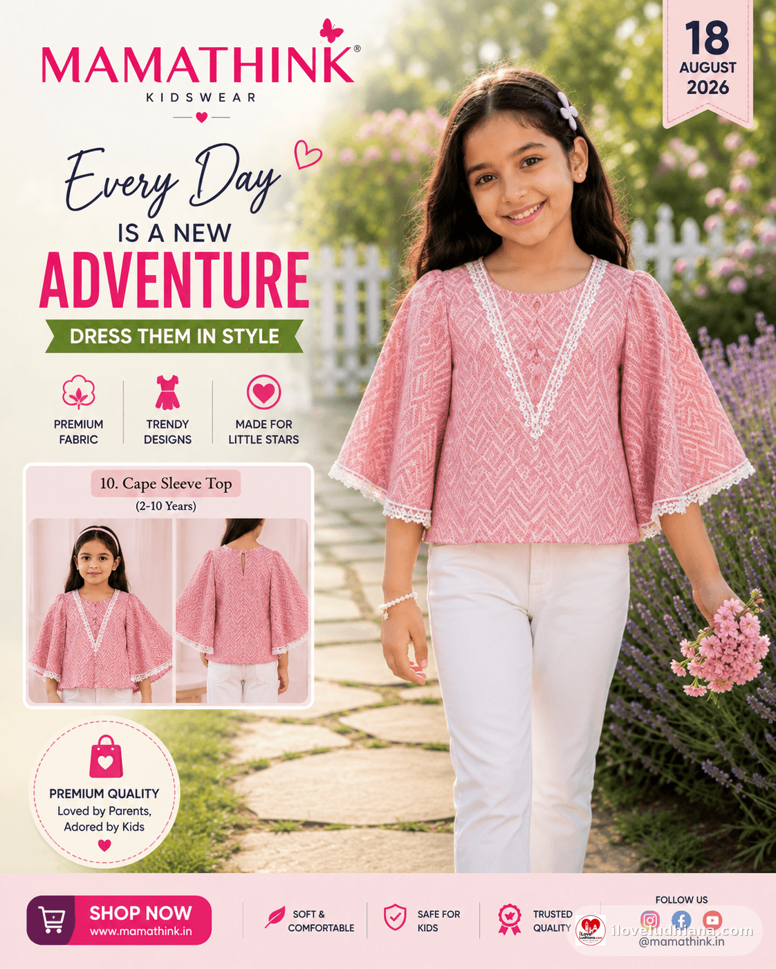 Mamathink Girls’ Pink Cape Sleeve Top 3-12 yrs