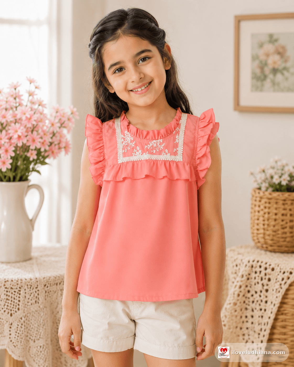 Mamathink Girls’ Coral peach Ruffle Top girls 3-12 yrs