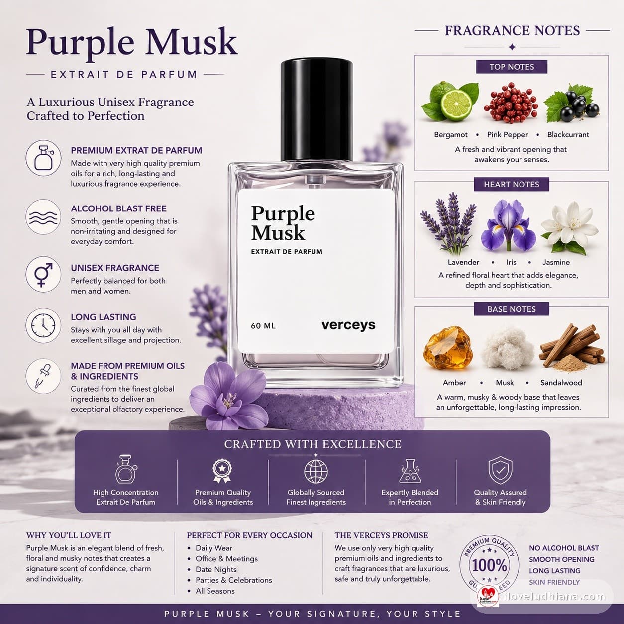 Verceys Purple Musk Extrait De Parfum – Premium Long Lasting Unisex Perfume 60 ML